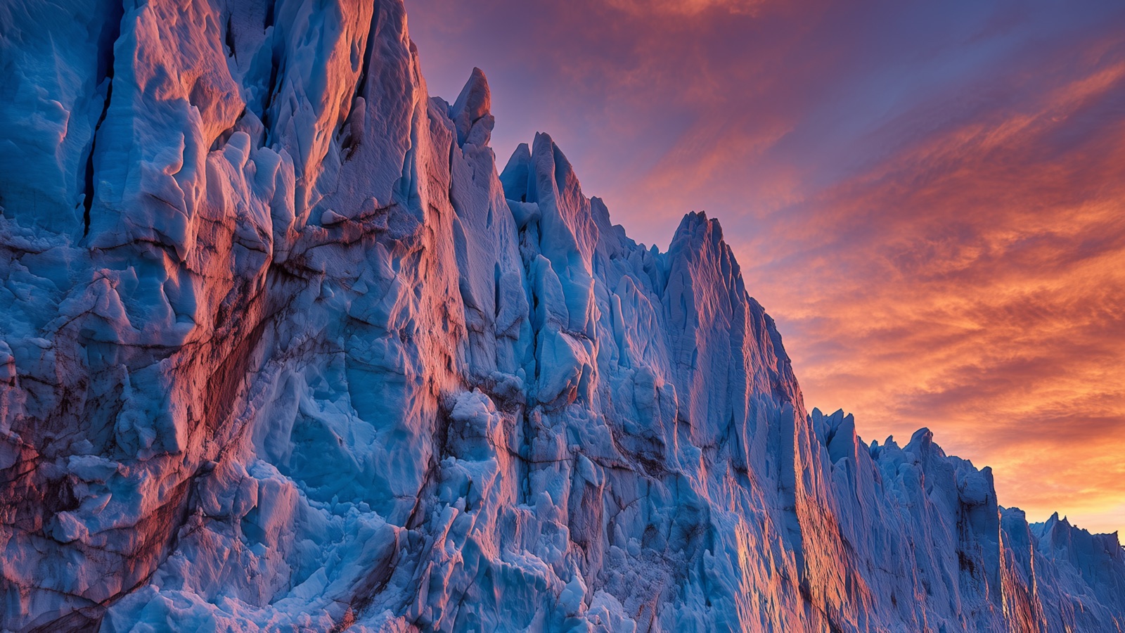 Chronoscape — a glacier lit by the colours of a shifting sky at dusk.
